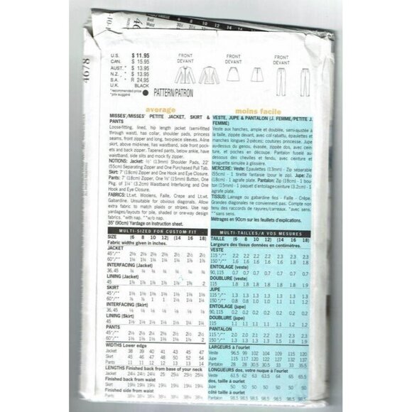 Butterick 4678 Sewing Pattern Misses Jacket Skirt French Connection Sz 6-12 - Picture 2 of 2